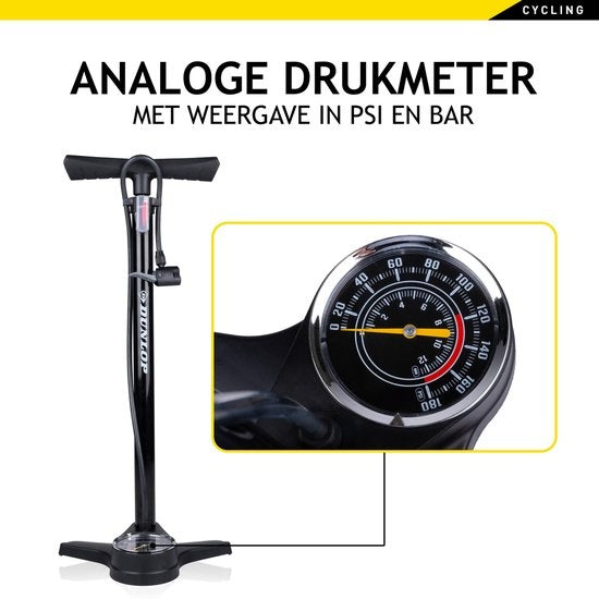 Dunlop Fahrradpumpe mit Manometer - Doppelventil - Holländisches Ventil/ Französisches Ventil/ Auto Ventil