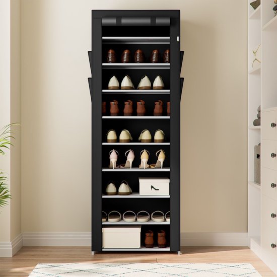 Schuhschrank / Schuhregal M - 9 Ebenen - Stoff - Schwarz - Inkl. Seitentaschen