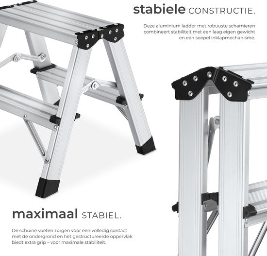 tectake® Doppelseitige Aluminium-Küchenleiter – 2 Sprossen – 38,5 cm – Stabile Leiter – Zusammenklappbare Trittleiter – Rutschfeste Haushaltsleiter