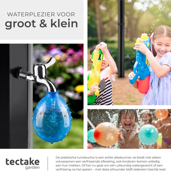 tectake® Außendusche – Solar – 35 l – Warmwasser bis 60 °C – Mit Schutzhülle und Seifenschale – Gartenschlauchanschluss – Gartendusche mit großem, verstellbarem Duschkopf und Fußhahn – Solardusche – Campingdusche mit Solarenergie – Schwarz
