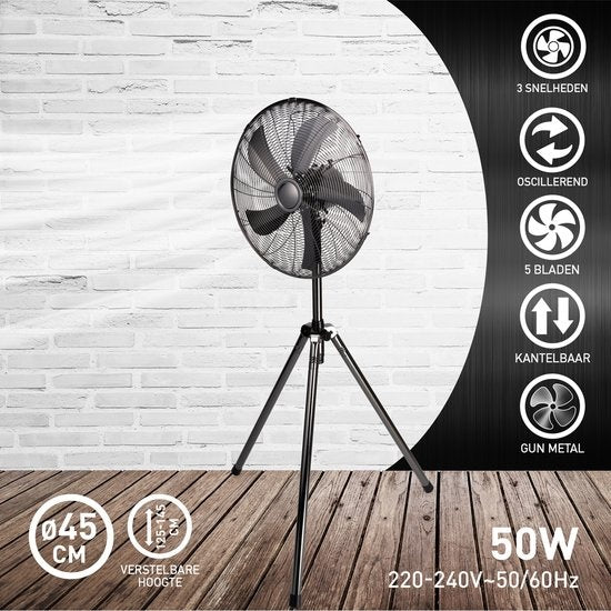 Lifetime Air Stativ-Ventilator - 230V - Höhe 125-145 CM - Dreibein-Stativ - 3 Geschwindigkeiten - Oszillationsfunktion - Neigbar - Silber