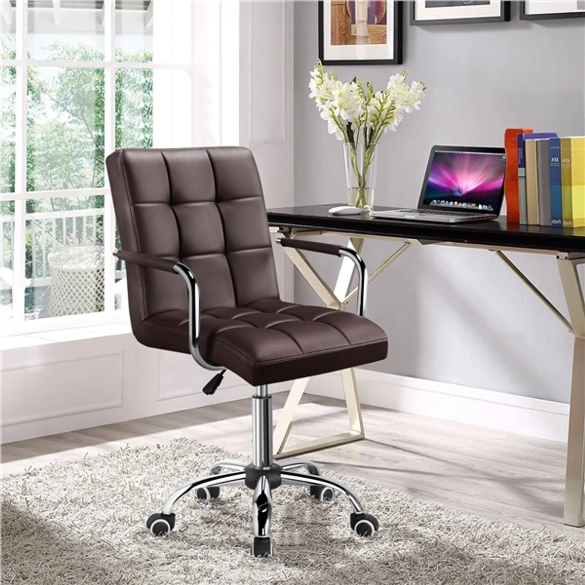 Yaheetech Bürostuhl mit verstellbarer Sitzhöhe - 55 x 60,5 x 86,5-102 cm - Ausgestattet mit bequemer Schaumstoffpolsterung und schalldämpfenden Rädern und verzinktem Metallrahmen - Für Büro und Heimarbeitsplatz - Braunes Kunstleder und Metall