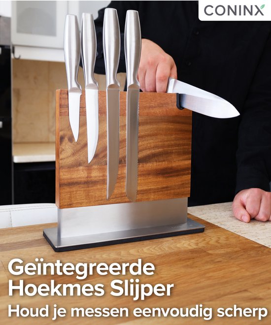 Coninx Vertico Messerblock, magnetisch – Messermagnet mit Messerschärfer – Sockel aus Edelstahl – beidseitiger Magnet – Messerblock ohne Messer – Edelstahl / Akazienholz