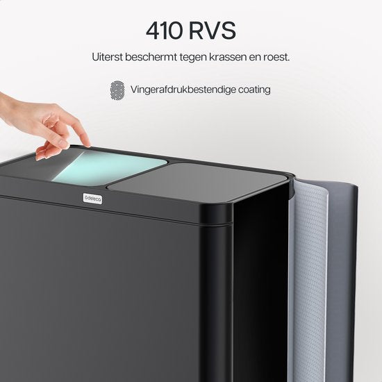 Deleca Wertstoffbehälter mit 2 Fächern - 60 Liter (2x30) Abfallbehälter - Mülltrennung / Pfandbehälter / Tret-Abfallsammler - Mülleimer mit FreshAura Geruchskontrolle - Slow Close - Edelstahl Schwarz