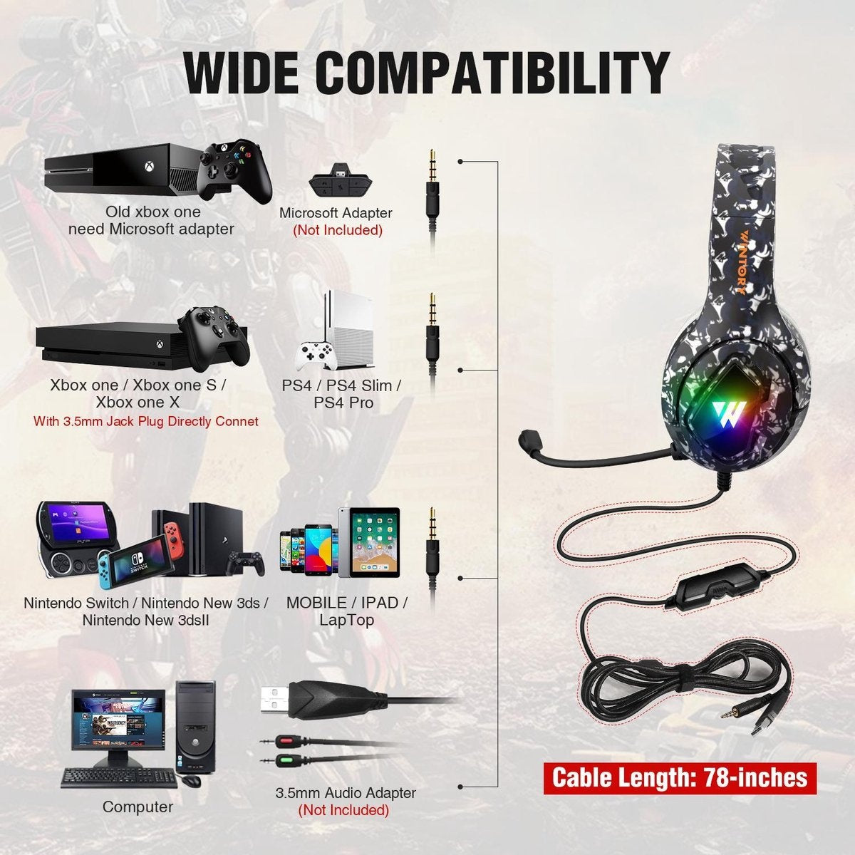 WINTORY M1 RGB light Gaming-Headset mit Stereomikrofon für PS4/PS5 Laptops-Xbox One - Camouflage Schwarz