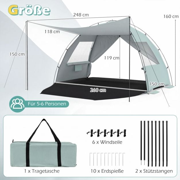 Coast Strandzelt 260 × 150 × 160 cm – Strandzelt mit Markise, UPF 50+ UV-Schutz, Netzfenstern und Tragetasche – Grün