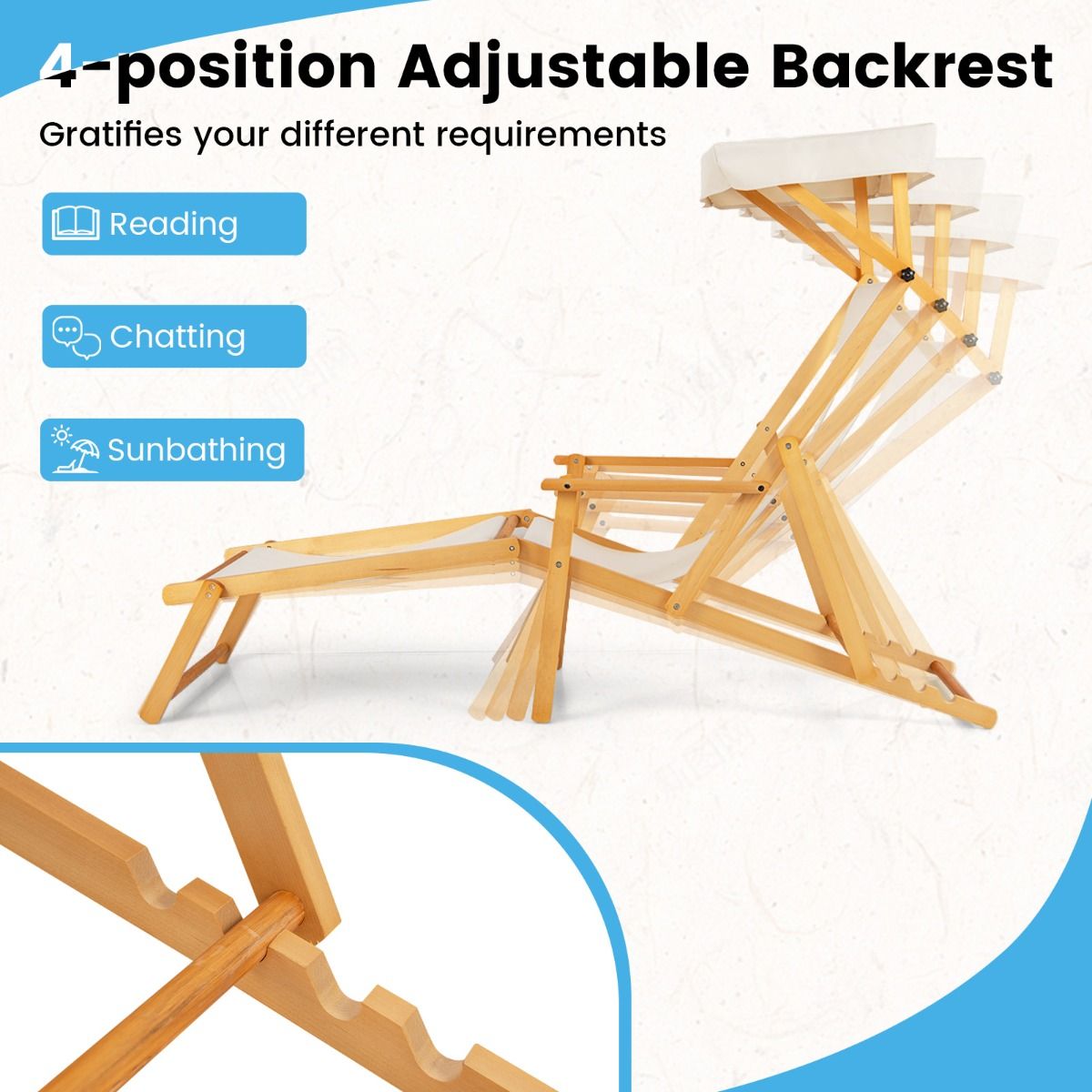 Coast Birchwood Foldable Beach Lounger mit verstellbarem Sonnendach, Rückenlehne und Fußstütze - Beige/Natur - 170x62x140 cm