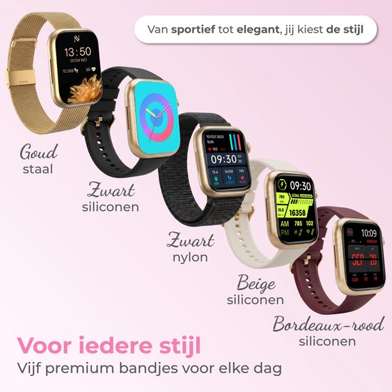 Nuvance Smartwatch für Damen – Schrittzähler-Uhr für Damen – Herzfrequenzmesser – Sportuhr – Kompatibel mit iOS/Android – AMOLED – Inkl. 5 Armbänder – Gold