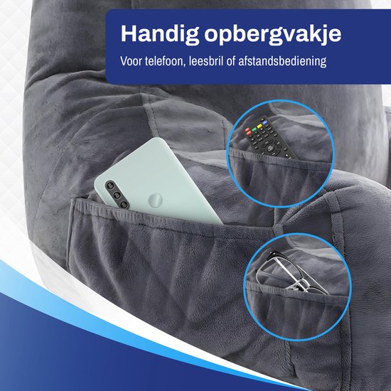 Sleeptight Lesekissen, ergonomisches Rückenkissen – mit abnehmbarem Nackenrollenkissen, praktischem Staufach und formstabiler Schaumstofffüllung – für Bett und Sofa – grauer Stoff – 53 cm lang, 60 cm breit und 40 cm hoch