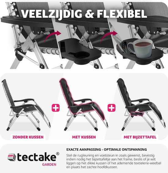 tectake - Liege Klappliege, Gartenliege, stufenlos verstellbar, Outdoor-Sessel für Balkon oder Garten, Liege mit extra dickem Kissen, Liege belastbar bis 200 kg (schwarz)