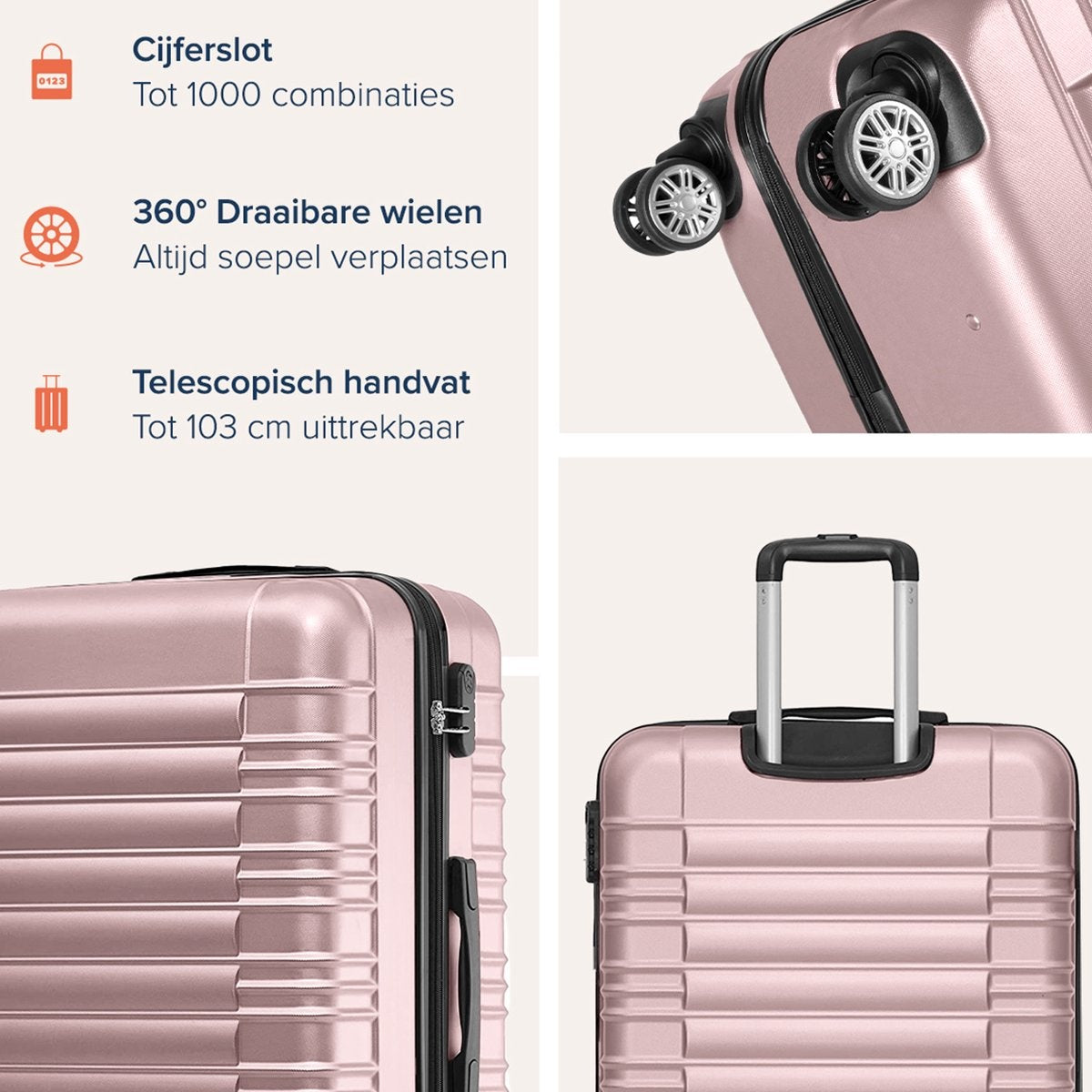 TRVLMORE - Kofferset - 3 Stück - 38L (Handgepäck) + 70L + 110L - Rose Gold