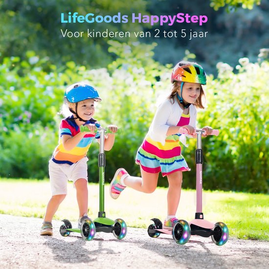 LifeGoods - HappyStep - Kinder-Roller - Schritt 2-5 Jahre - 3 leuchtende LED-Räder - höhenverstellbar - Jungen/Mädchen - Pastellrosa