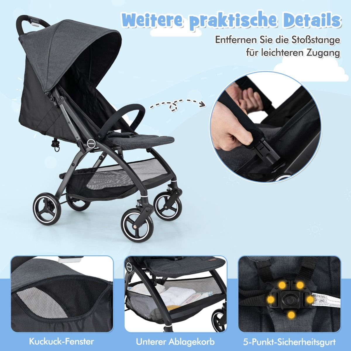 Coast Kinderwagen – leicht und zusammenklappbar – verstellbare Rückenlehne und Sonnendach – grau