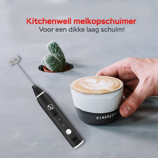 Kitchenwell Elektrischer Milchaufschäumer - Milchaufschäumer manuell - Milchaufschäumer - 3 Geschwindigkeiten - Schwarz