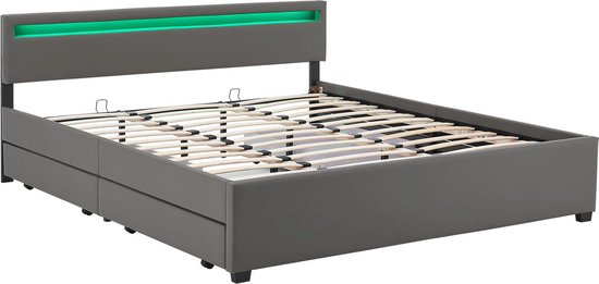 Polsterbett Lyon - 180 x 200 cm - Dunkelgrau - LED-Beleuchtung & Bettkästen