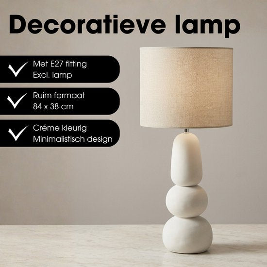Mica Decorations Menko Tischlampe für das Wohnzimmer – Dekorative Lampe mit Lampenschirm – Schreibtischlampe, Tischlampen für das Wohnzimmer – 84 x ⌀38 cm – 60 W, E27, IP20 – Creme