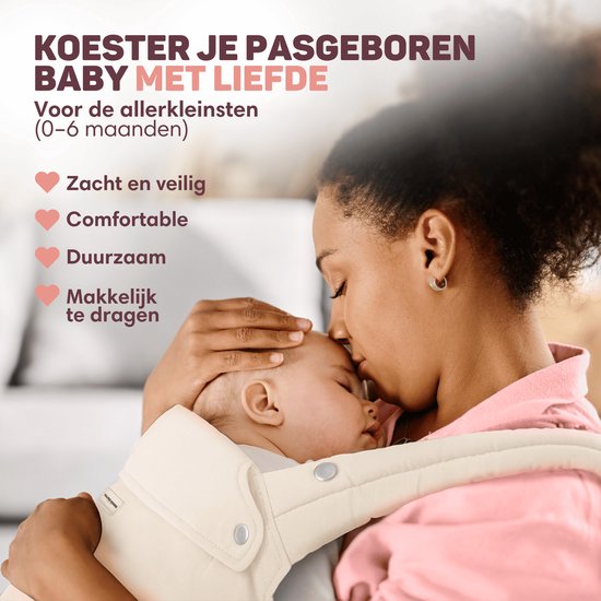 Vulpes Goods® BabyCare Babytrage - Ergonomisch - 0-36 Monate - Luxus-Bauchtrage bis zu 20 kg - OEKO-TEX® Baumwolle - Freihändiger Komfort - Mit Rückenstütze & M-Position - Creme