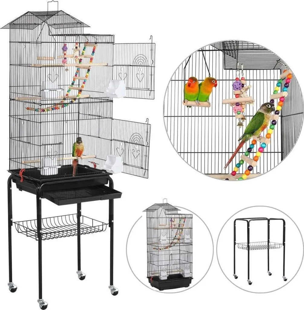 Yaheetech Vogelkäfig XL – mit Ständer/Rollen – 46 x 35,5 x 158,5 cm – Schwarz