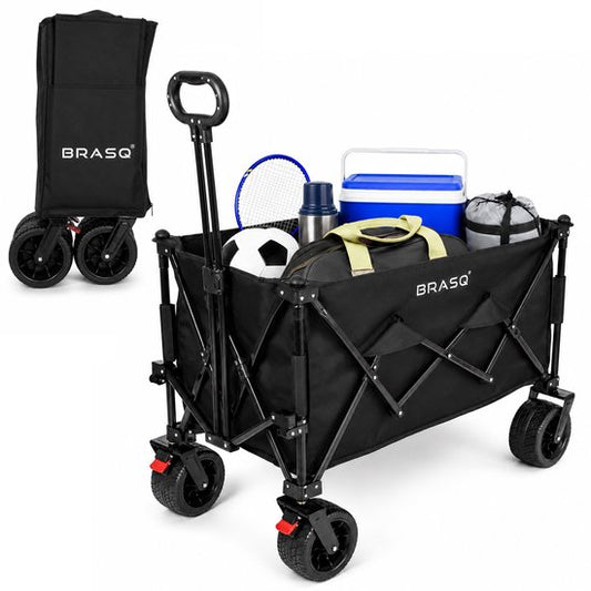 BRASQ Klappbarer Handwagen – 165 Liter – 100 kg Tragkraft – Schwenkbare Räder mit Bremse – 90 x 52 x 110 cm – Verstellbarer Griff – Zusammenklappbarer Handwagen – Schwarz