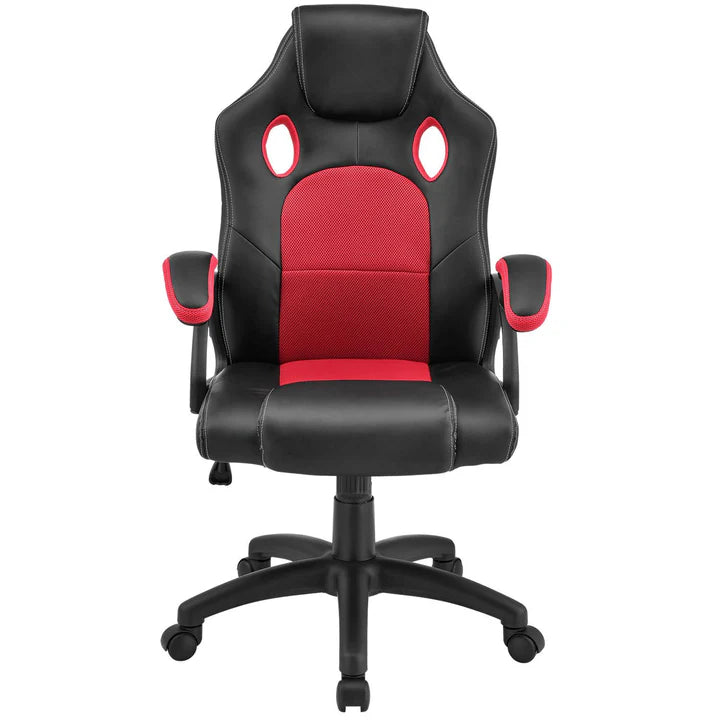 Juskys - Racing Office Chair Montreal - 111 x 47 x 52 cm - Ausgestattet mit neigbarer Rückenlehne und Mesh-Einsatz und Gasfeder - Für Gaming und Büro - Rot und Schwarz Kunstleder und Metall