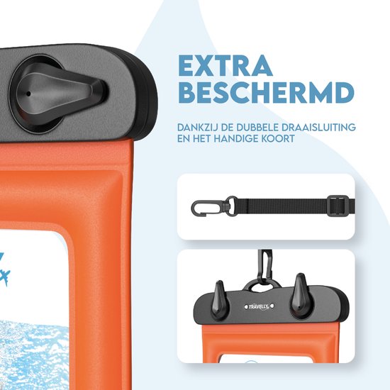 Travelly ® - Wasserdichte Handytasche 2er Set - Universelle Unterwassertasche für Smartphone - Geeignet für alle Handys - Drybag - Für Urlaub, Schwimmen & Wassersport - Schwarz/Orange