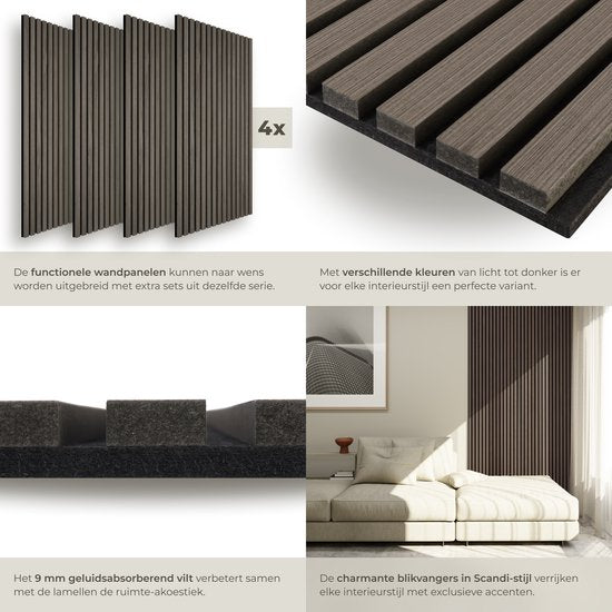 tectake® Akustikplatten – 4er-Set – Akustik-Wandplatte – 50 x 110 cm - 2,2 m² - Wandpaneele mit anpassbarer Größe - Lattenwand aus MDF und Holzfurnier - Schalldämmung - Stilvolle Wanddekoration - Einfache Montage - Eiche-Grau