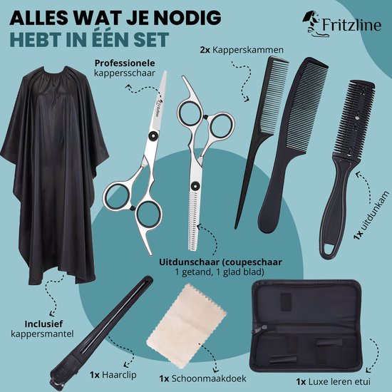 Fritzline 9-teiliges Friseurset – Friseurscheren – Friseurkittel – Haarschere – Friseur – Friseurschere – Ausdünnschere – Ausdünnschere für Friseure – professionelles Friseurset – Friseurkittel – Friseurjacke – Friseurbedarf