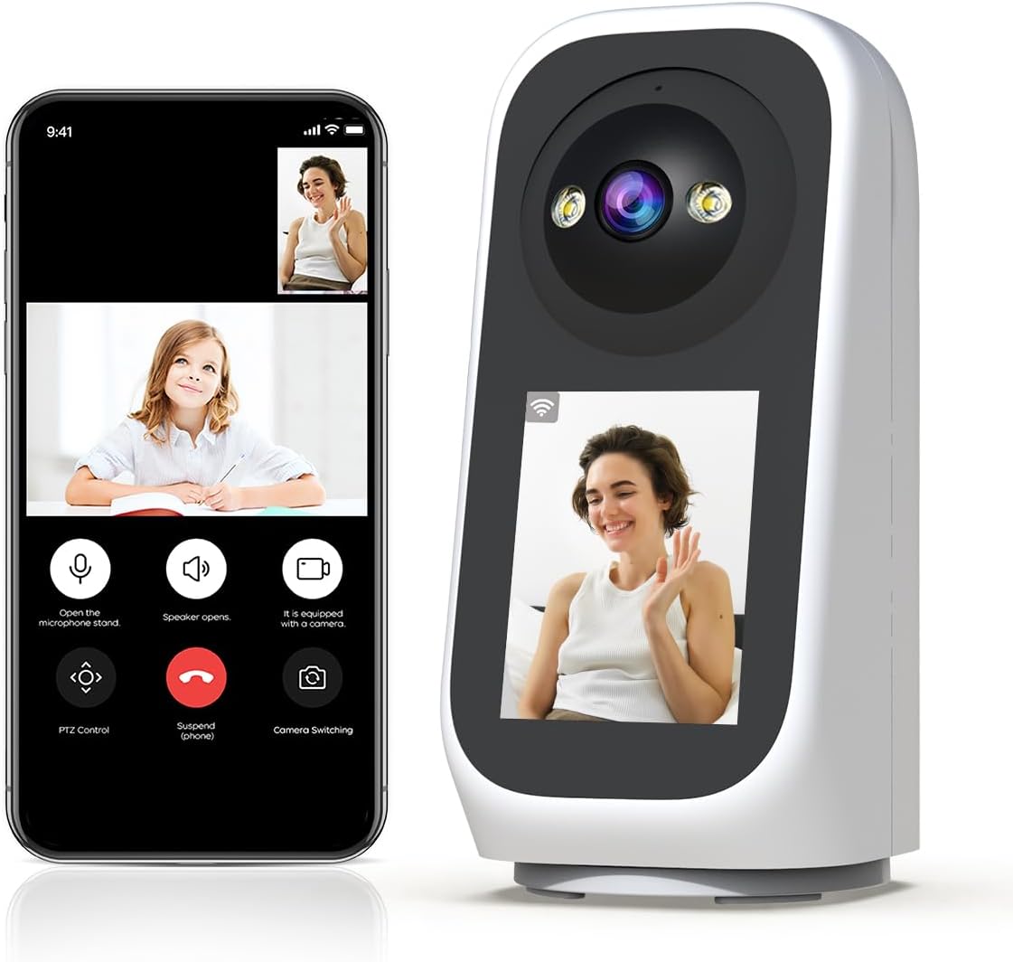 JOOAN 2K-Innenüberwachungskamera mit 2,8-Zoll-Bildschirm – 360°-PTZ – 5G-WLAN – Zwei-Wege-Video – Weiß