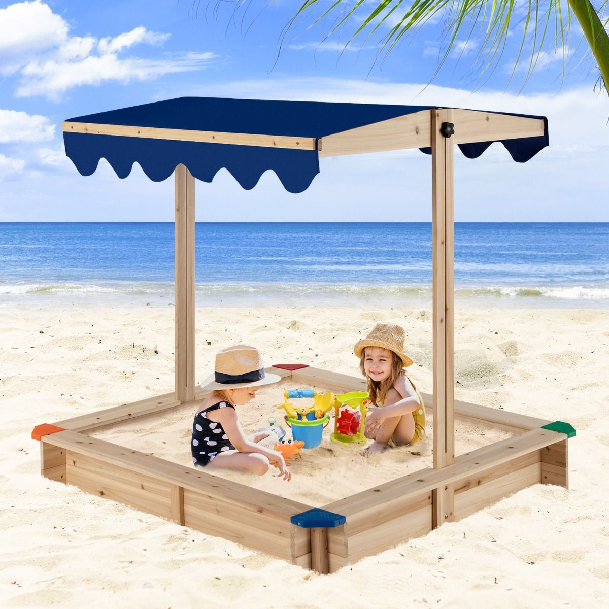 Coast Holzsandkasten mit verstellbarem Sonnendach – ohne Boden – Sitzecke – blau – 121 x 121 x 120 cm