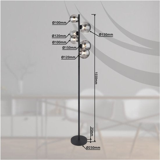 Stehleuchte RIHA Glas 155.0cm Matt Schwarz | Rauch G9 6-flammig