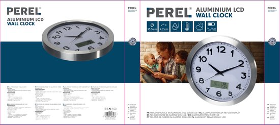Perel Wanduhr, rund, analog, 35 cm, LCD-Display mit Thermometer, Hygrometer und Wettervorhersage, Aluminium, silber
