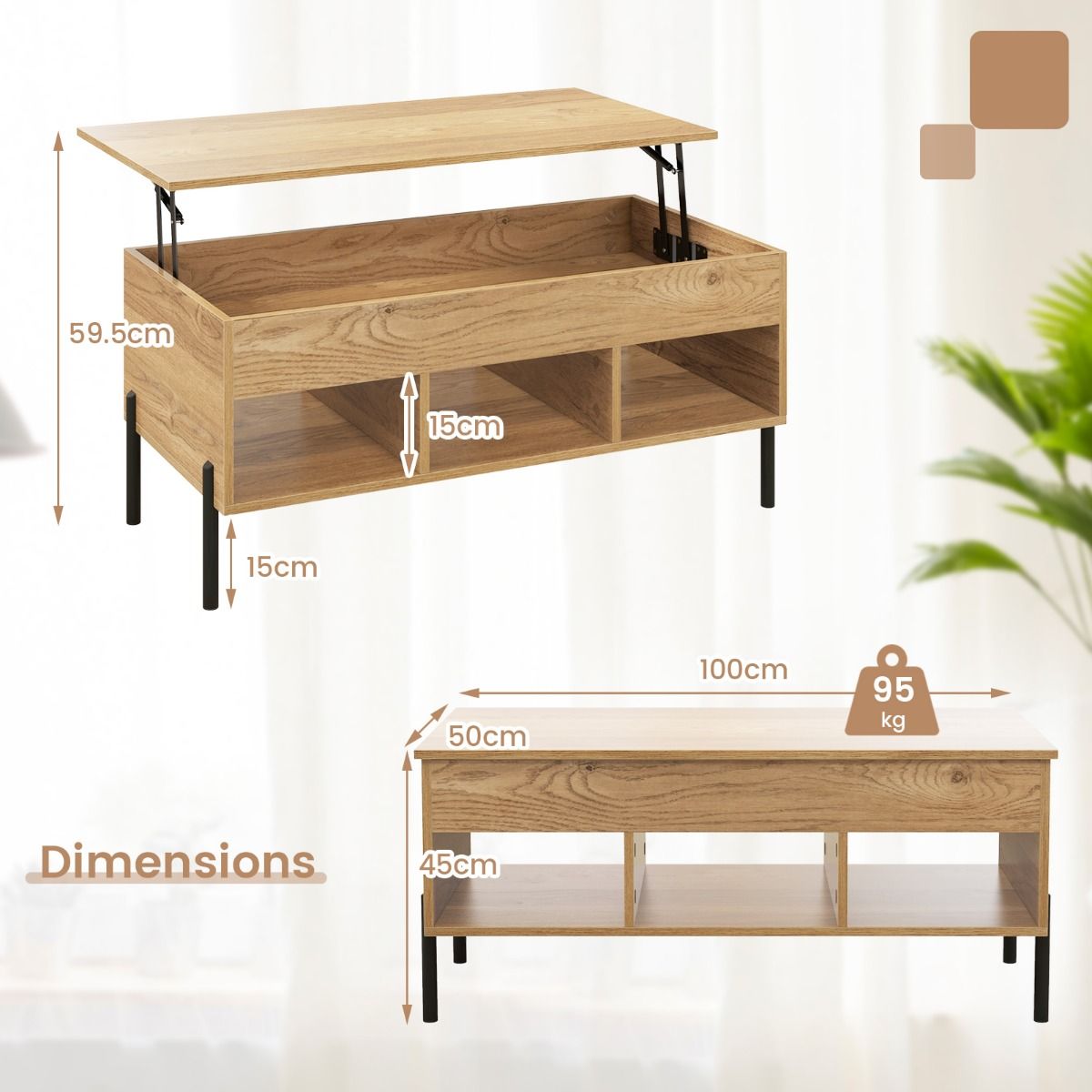 Coast Adjustable Couchtisch mit anhebbarer Tischplatte und 3 offenen Fächern - 104,5 x 49 x 62,5 cm - Naturfarbe