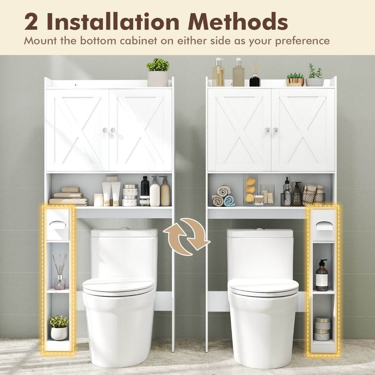 Coast Toilettenschrank mit Doppeltüren – verstellbare Einlegeböden – Toilettenpapierhalter – gewaschenes Grau/Weiß – 81,5 x 19,5 x 172 cm