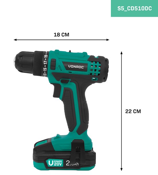 VONROC Akku-Bohrmaschine 20V - 19 Schraubpositionen + Bohrposition - Inkl. 2.0Ah Akku, Schnellladegerät und 46 Zubehörteile im Deluxe-Koffer