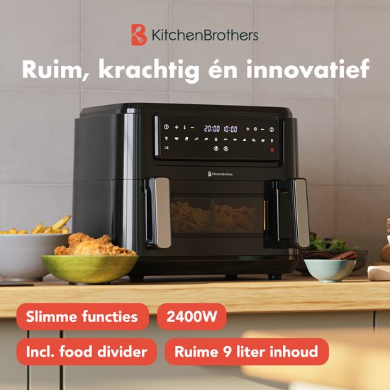 KitchenBrothers Airfryer XXL Dual Zone - 9L - 2400W - Heißluftfritteuse - Snack-Teiler - 50ºC bis 200ºC - 10 Kochprogramme - Schwarz