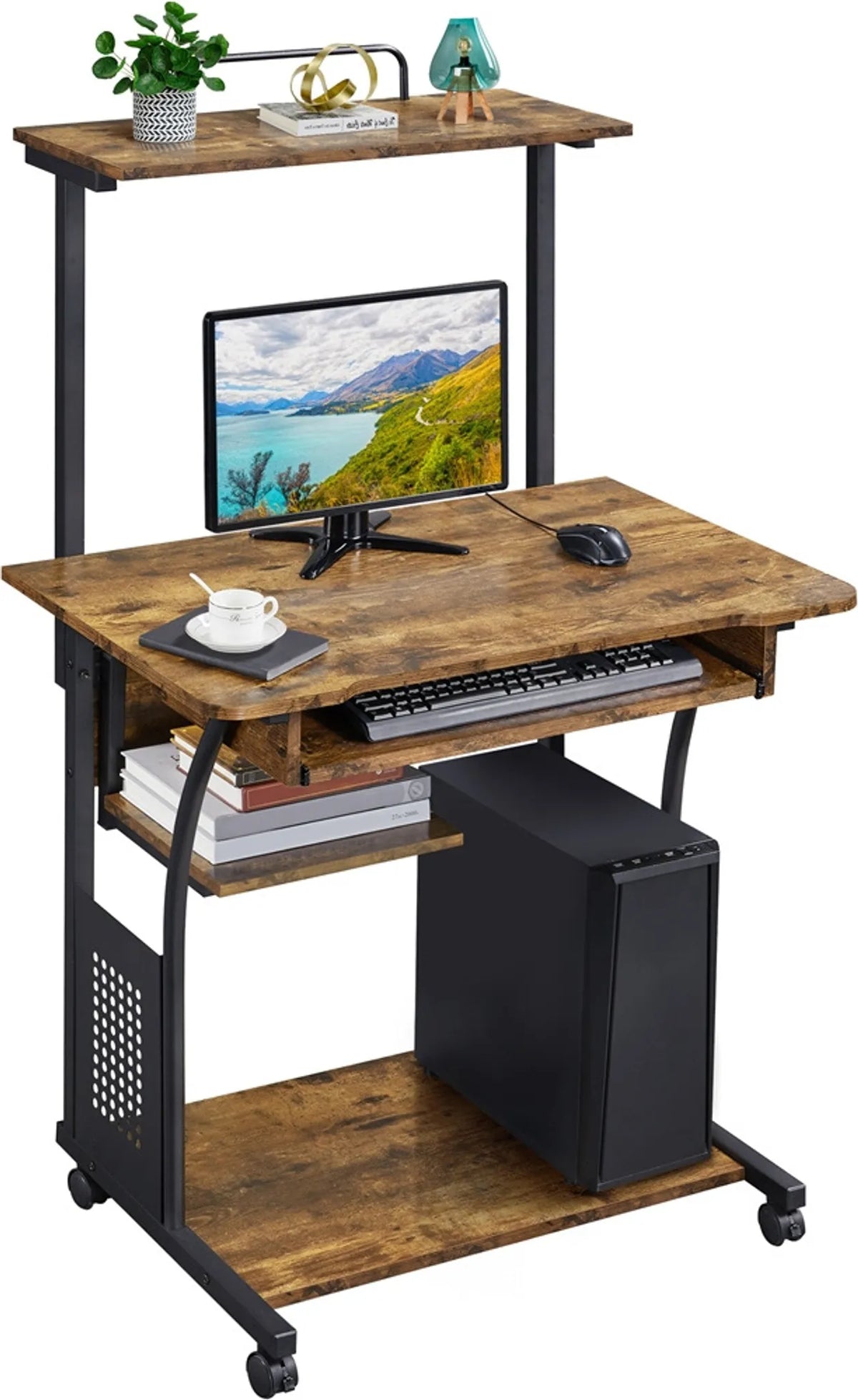 Yaheetech Computertisch mit Ablageböden und Rollen – 80,5 x 60 x 132 cm – Rustikales Braun