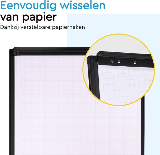 BRASQ Flipchart Mobile - 70x100 cm - Verstellbares Whiteboard - Inklusive 25 Blatt Papier, 4 Marker, 8 Magnete, Radiergummi - Flipchart mit Papierklammer und Haken - Magnettafel - Magnettafel - Schwarz