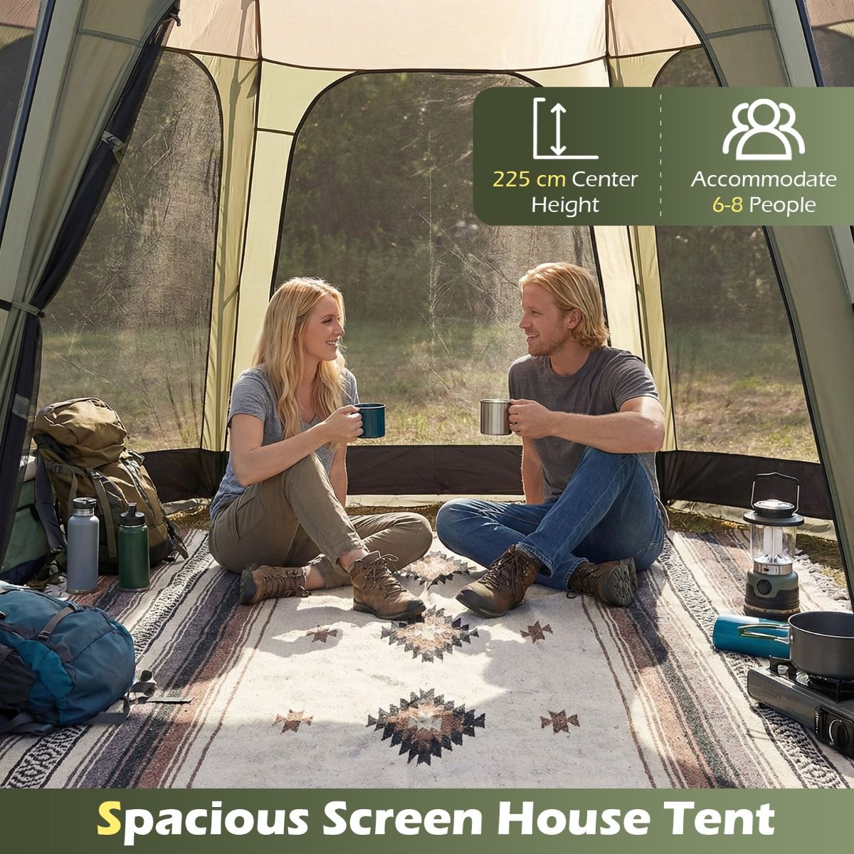 Coast Campingzelt mit Moskitonetz – Zusammenklappbares Gartenzelt für 6 bis 8 Personen – 380 x 355 x 225 cm – Grün/Schwarz