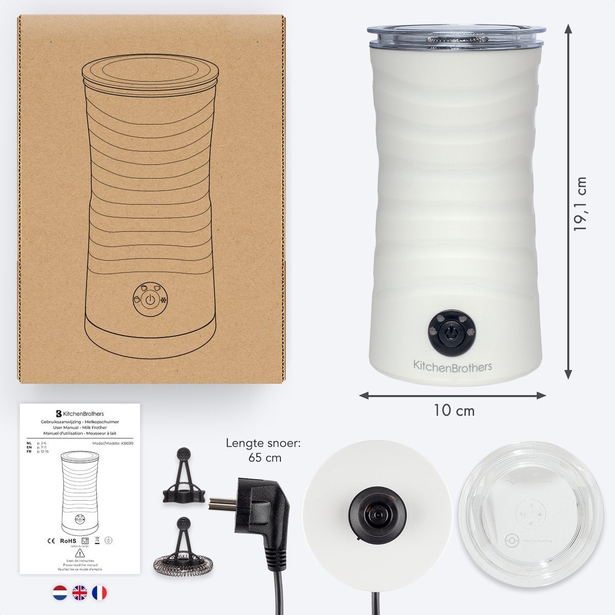 KitchenBrothers Elektrischer Milchaufschäumer - 4-in-1 - 240 ML - Weiß