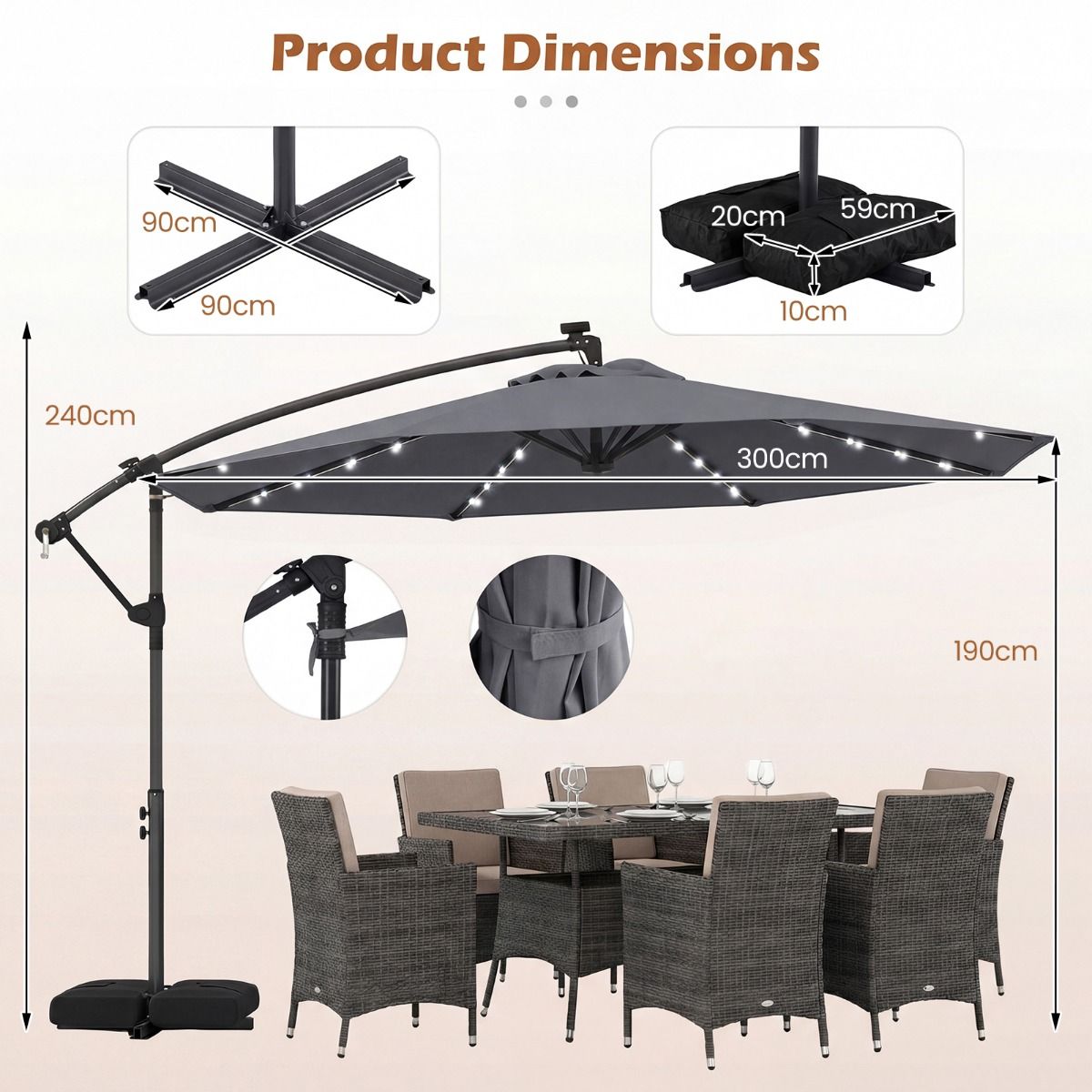 Coast Garten-Sonnenschirm mit Solarbetrieb – LED-Beleuchtung – um 360° drehbar – grau