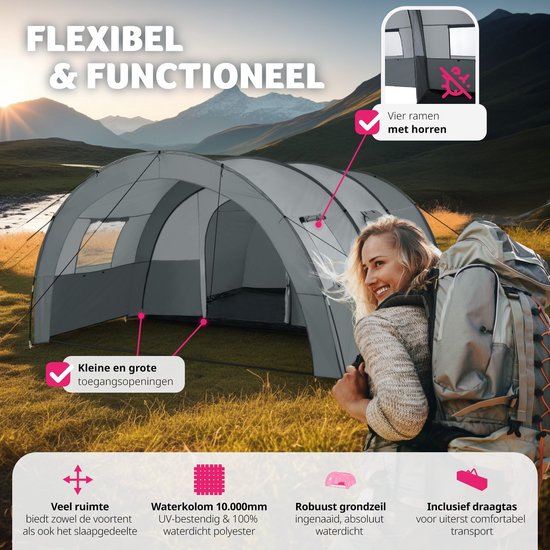 Tectake Roskilde Tunnelzelt - für 6 Personen - mit Vorzelt und Bodenplane - grau