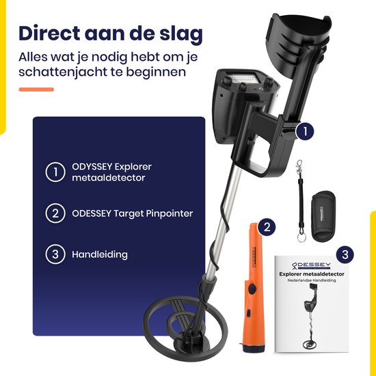 ODESSEY Metalldetektor - mit Pinpointer - Kind - Erwachsener - Profi - Explorer - Schwarz