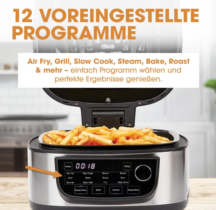 PowerXL Multi-Kocher 12-in-1 ohne Grillplatte – 5,7 l – 1200 W – Silber/Schwarz – Heißluftfritteuse und Slow Cooker
