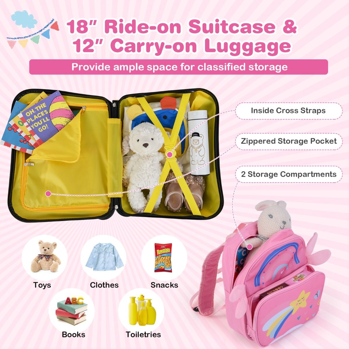 Coast Kinderkoffer- und Rucksack-Set – Sitzkoffer mit Bienenmotiv – verstellbarer Griff – rosa