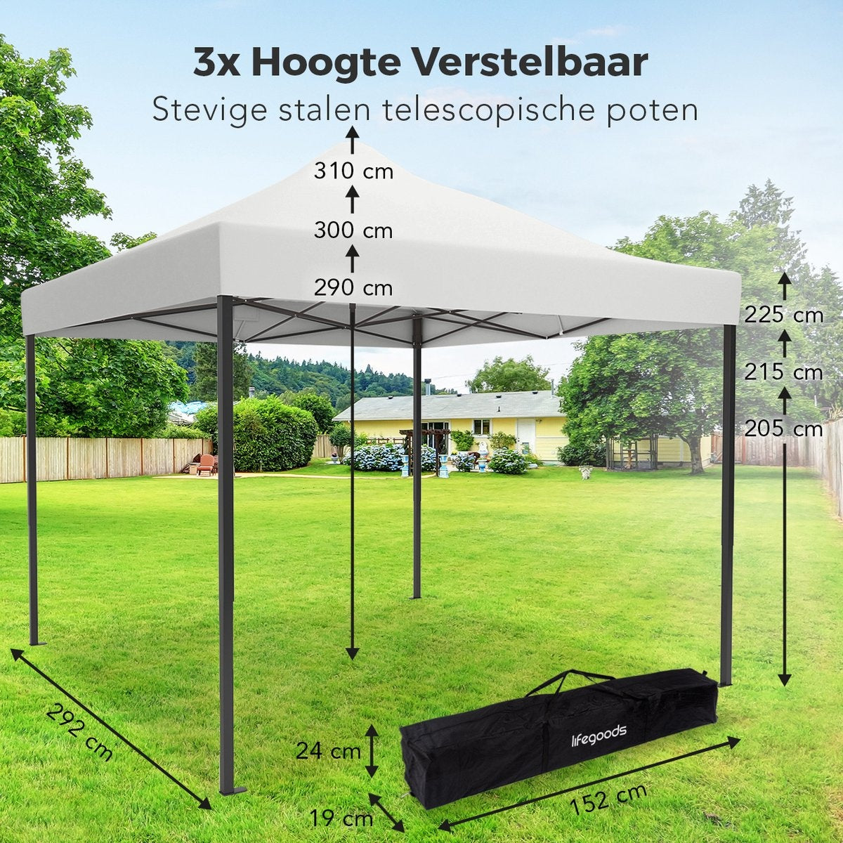 LifeGoods Partyzelt - Pavillon - 3x3 m - leicht aufbaubar - faltbar - wasserdicht - Tragetasche mit Rädern - weiß