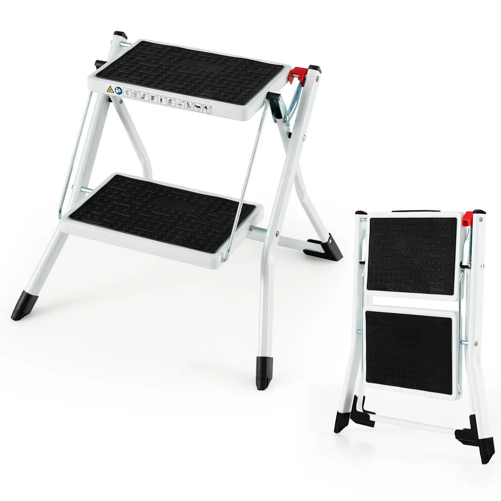 COSTWAY Klapptritt mit 2 Stufen, klappbare Stufenleiter, 20 cm breit, Belastung bis 150 kg, Klappleiter mit Tragegriff & rutschfester Stufe, Heimbüro-Garagenleiter