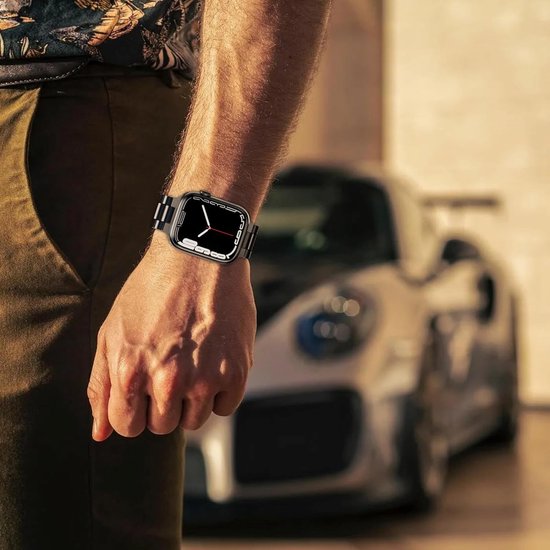 Podec Smartwatch Edelstahlarmband Schwarz - Passend für Apple Watch - Band Passend für iWatch 42 / 44 / 45 / 49 mm - Passend für Serie 1/2/3/4/5/6/7/SE