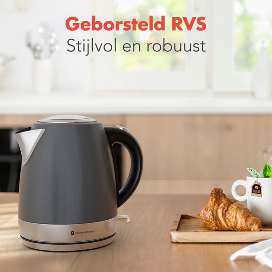 KitchenBrothers Wasserkocher - Elektrisch - 1 Liter - Kleine Campinggröße - Reise-Wasserkocher mit Kalkfilter - Titanium Grau/RVS