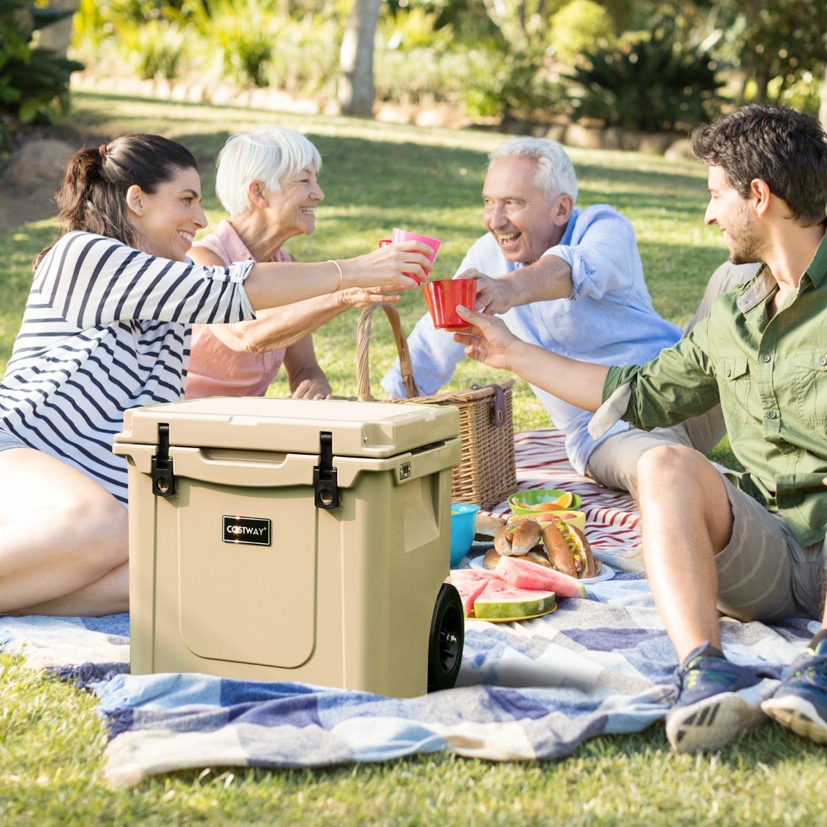 Coast Tragbare Kühlbox auf Rädern 43L - Kaffee - 53x49x53-108 cm - Isothermisch mit Aluminium-Ziehgriff und Flaschenöffner