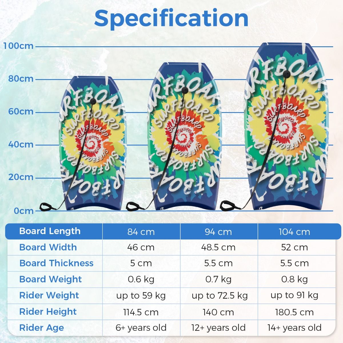 Coast Bodyboard für Kinder – leichtes Surfbrett – mit Handschlaufe – 84 cm – blau